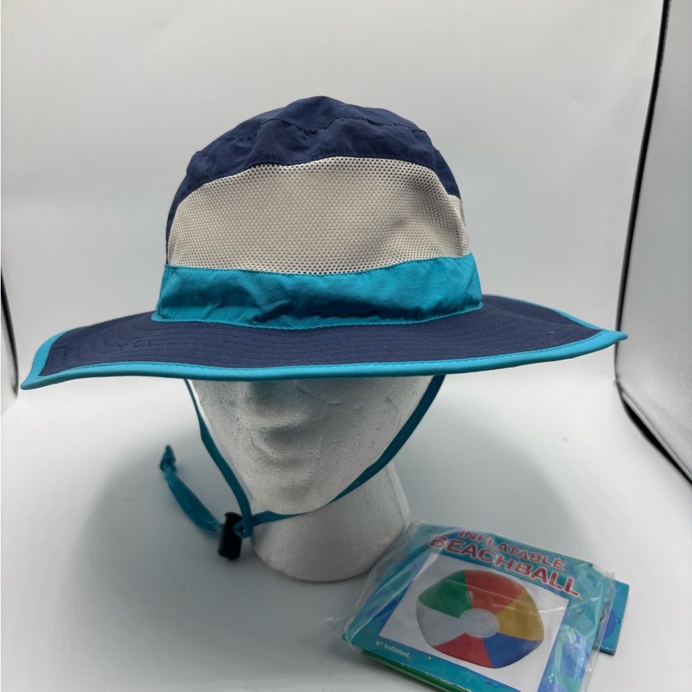 Panama Jack Navy and Teal Wide-Brim Sun Hat with Cream Mesh Band